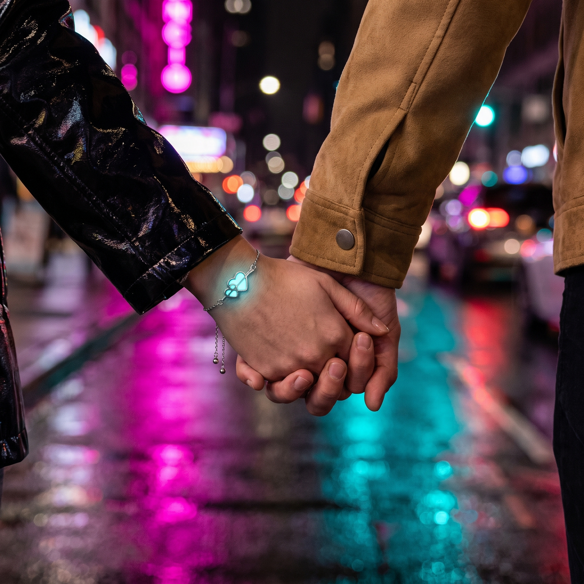Luminous Connected Heart Bracelet worn at night. Couple holding hands, neon street.