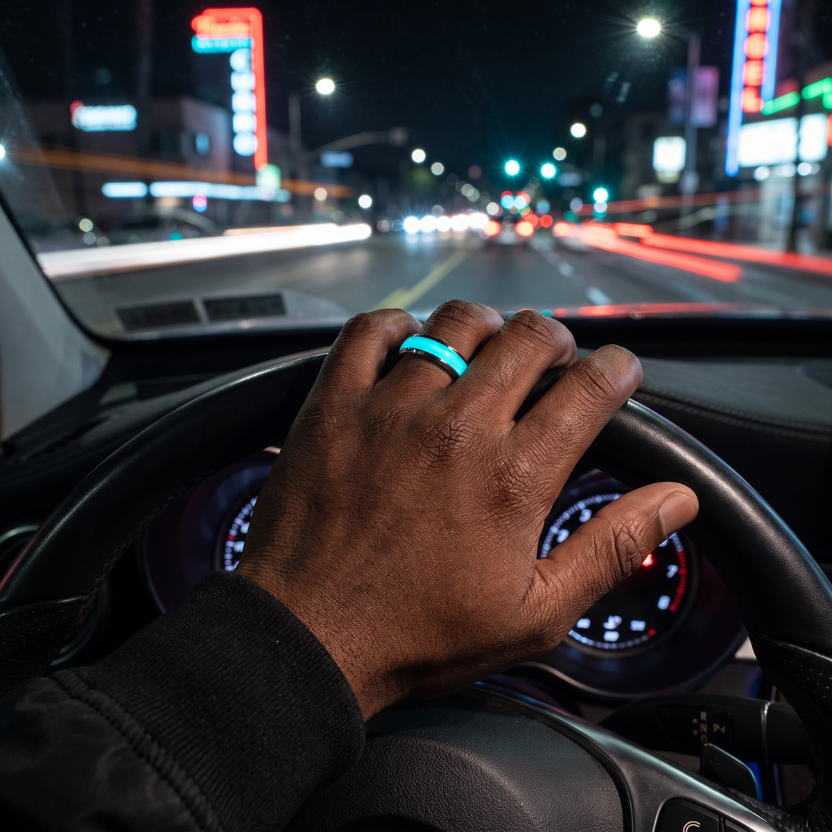 Luminous Halo Ring worn at night. Drive home at 2am, aqua.