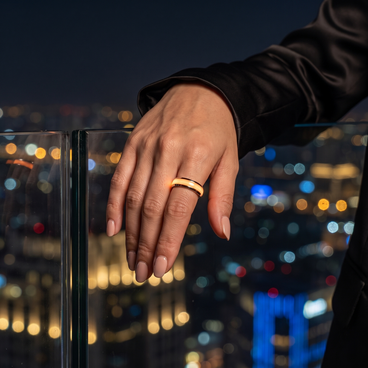 Luminous Halo Ring worn at night. Rooftop bar, orange.