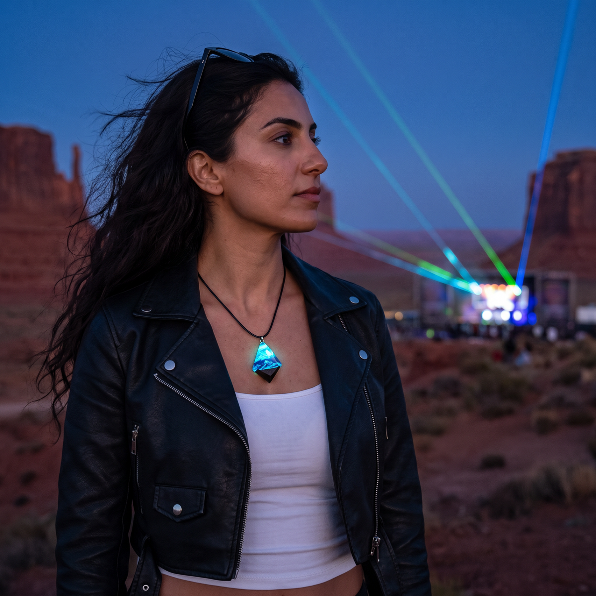 Luminous Snow Mountain Necklace worn at night. Desert rave at blue hour.