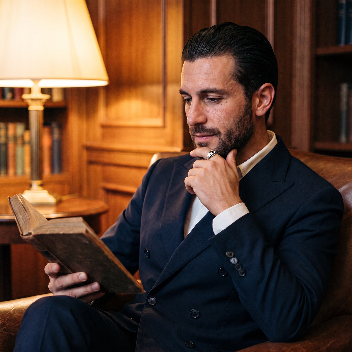 Aureole Belt Ring worn in a wood-paneled library