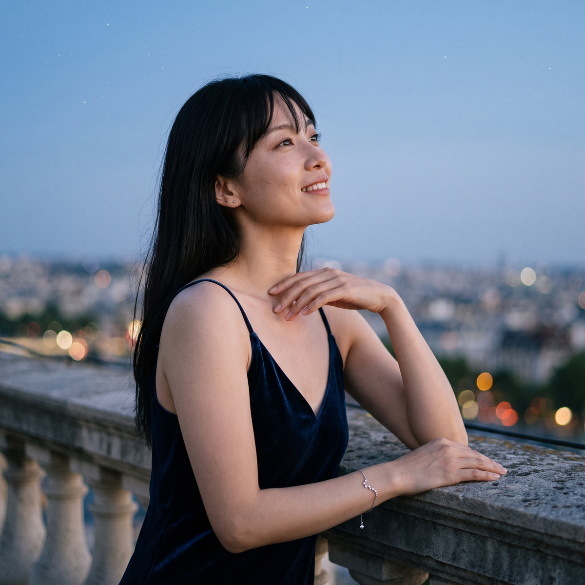 Aureole Big Dipper Bracelet worn on a rooftop terrace at blue hour