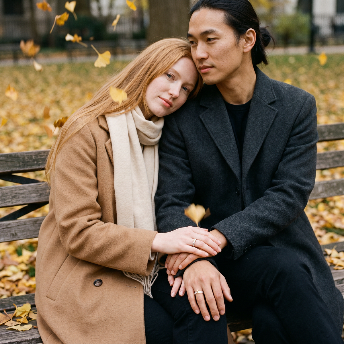 Aureole Golden Leaves Rings worn by a couple on an autumn park bench