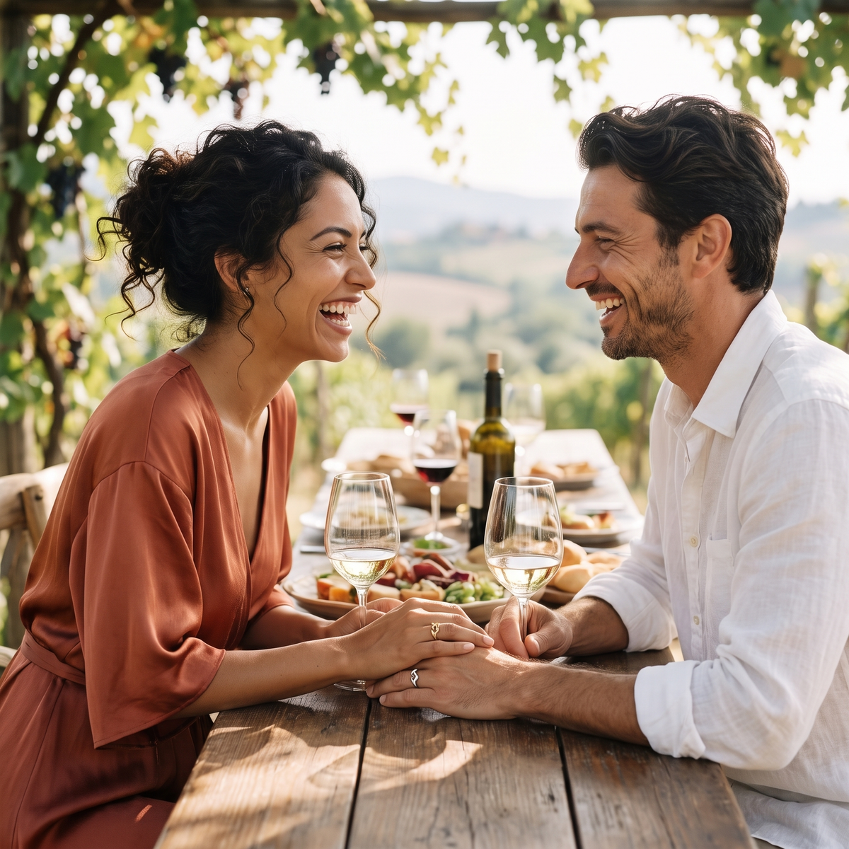 Aureole Hand Heart Ring worn by a couple at a Tuscan vineyard lunch