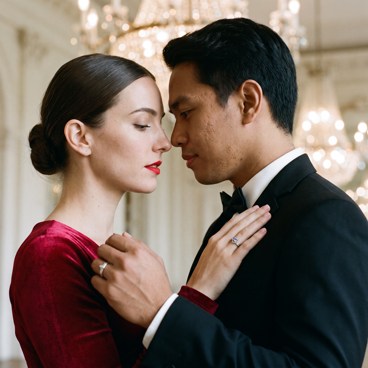 Aureole King and Queen Rings worn by a couple slow dancing in a ballroom