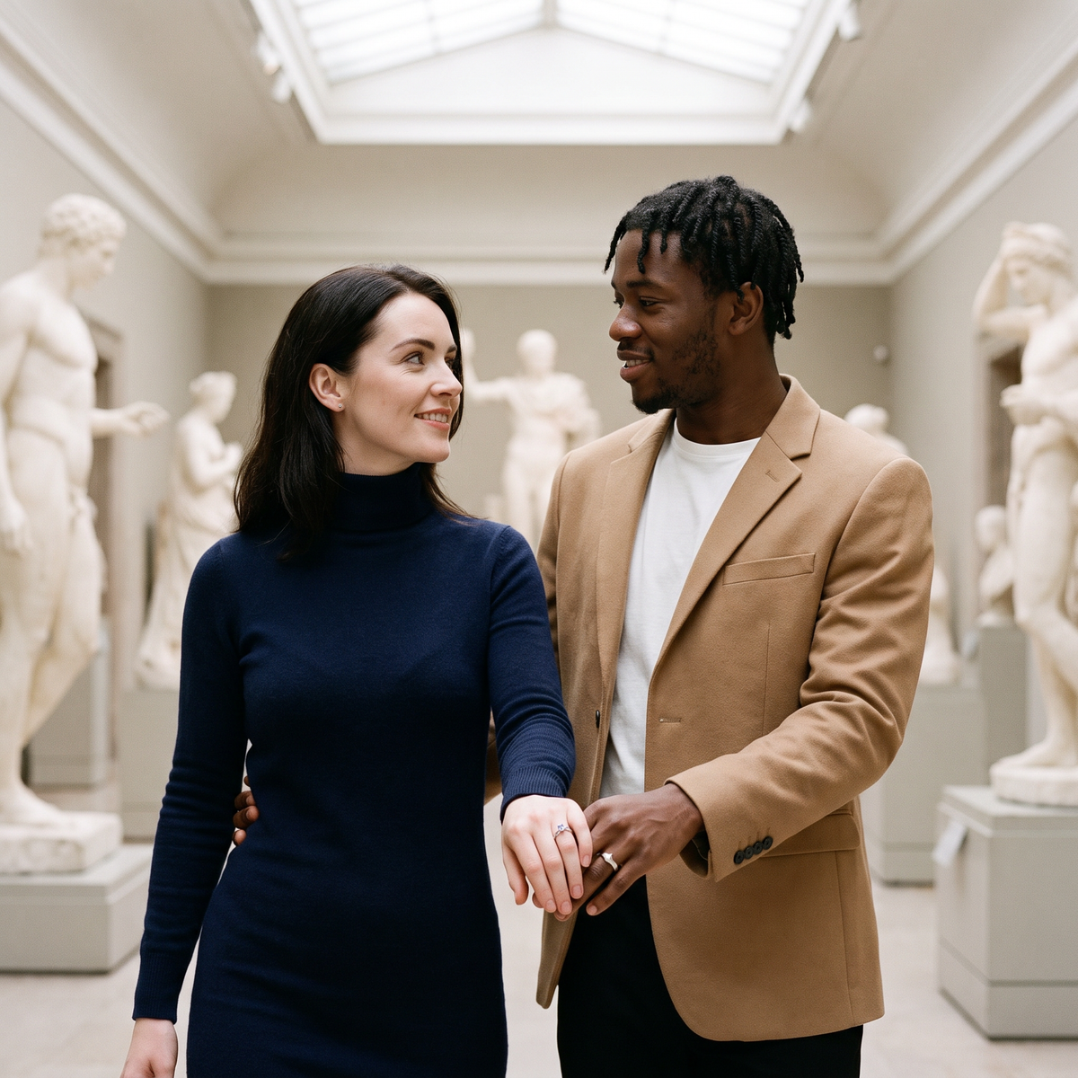 Aureole King and Queen Rings worn by a couple in a sculpture museum