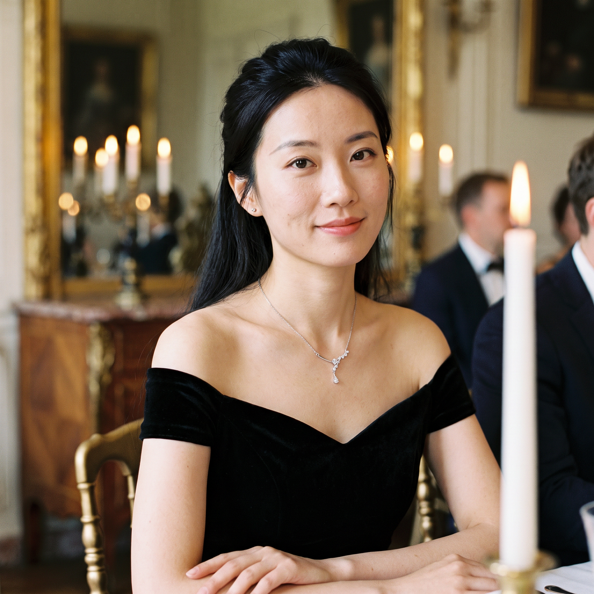 Aureole Moissanite Celestia Necklace worn at a candlelit chateau dinner