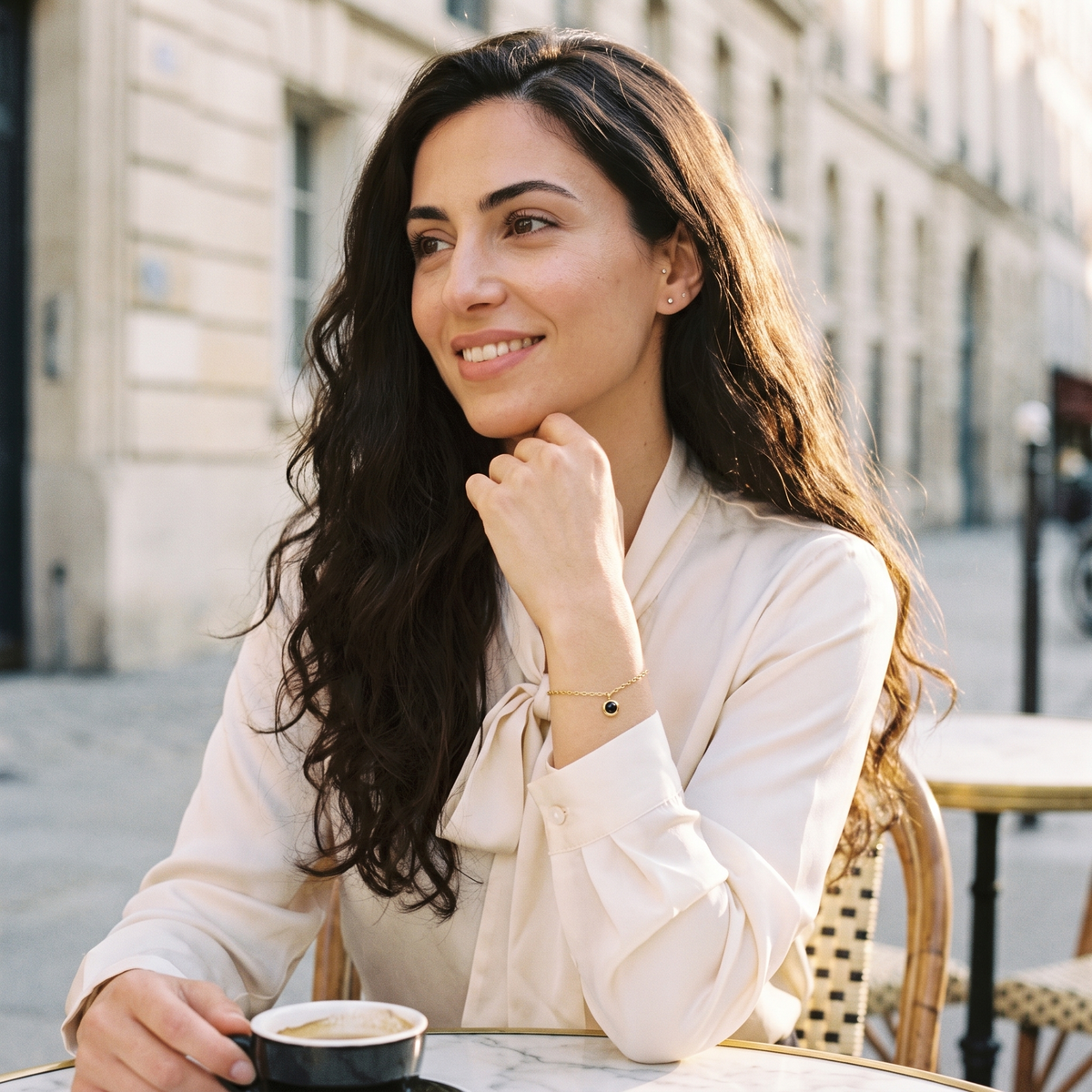 Aureole Silver O-Shaped Bracelets worn at a Parisian cafe terrace at golden hour