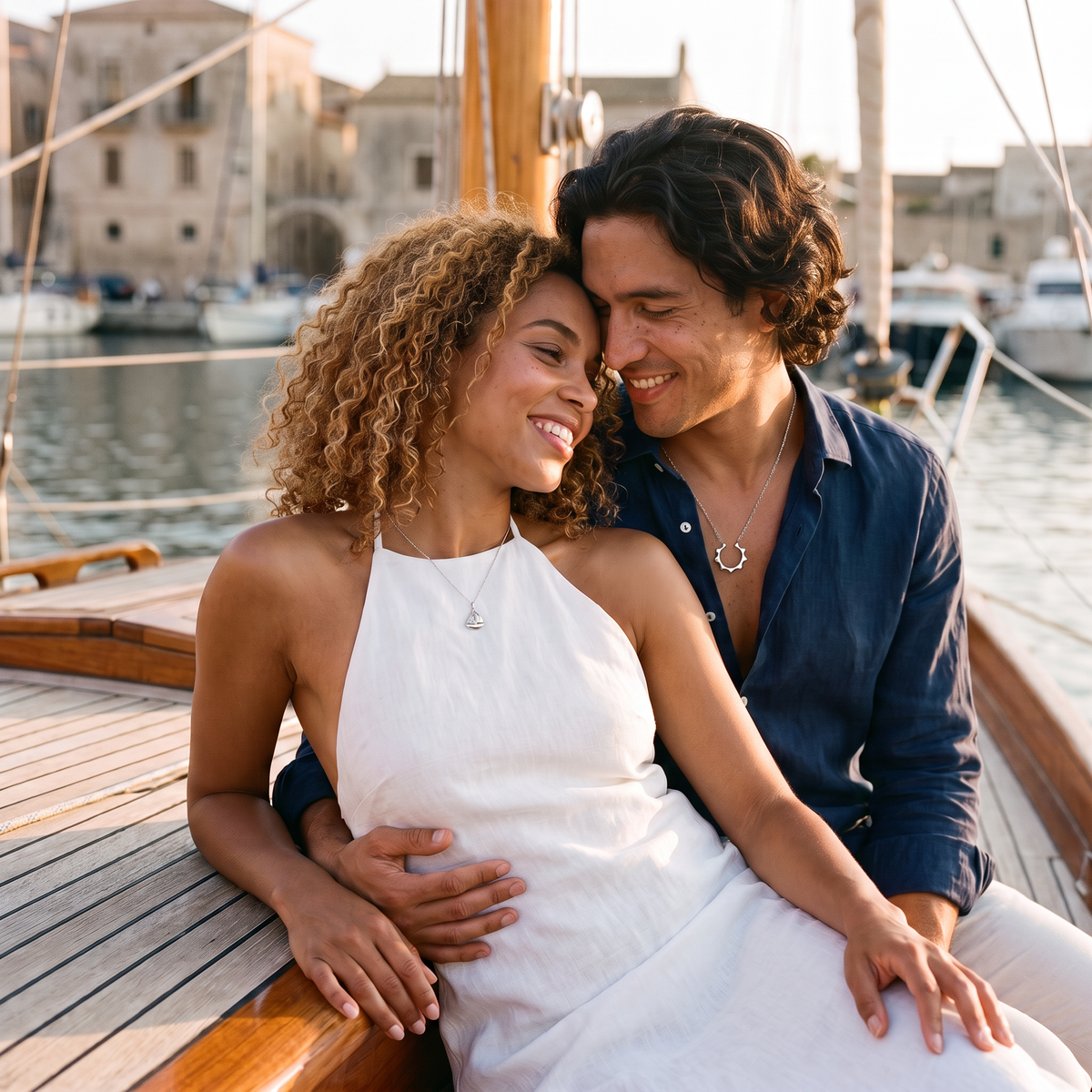 Aureole Oceanbound Necklaces worn by a couple on a classic yacht at sunset