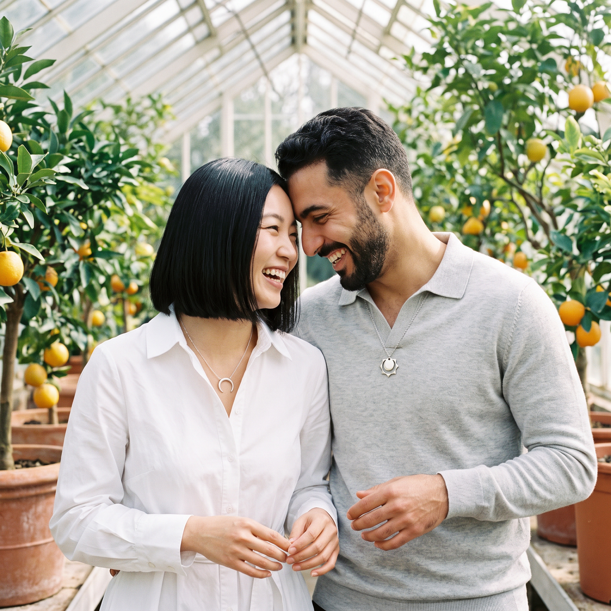 Aureole Sun and Moon Necklaces worn by a couple in a sunlit orangery