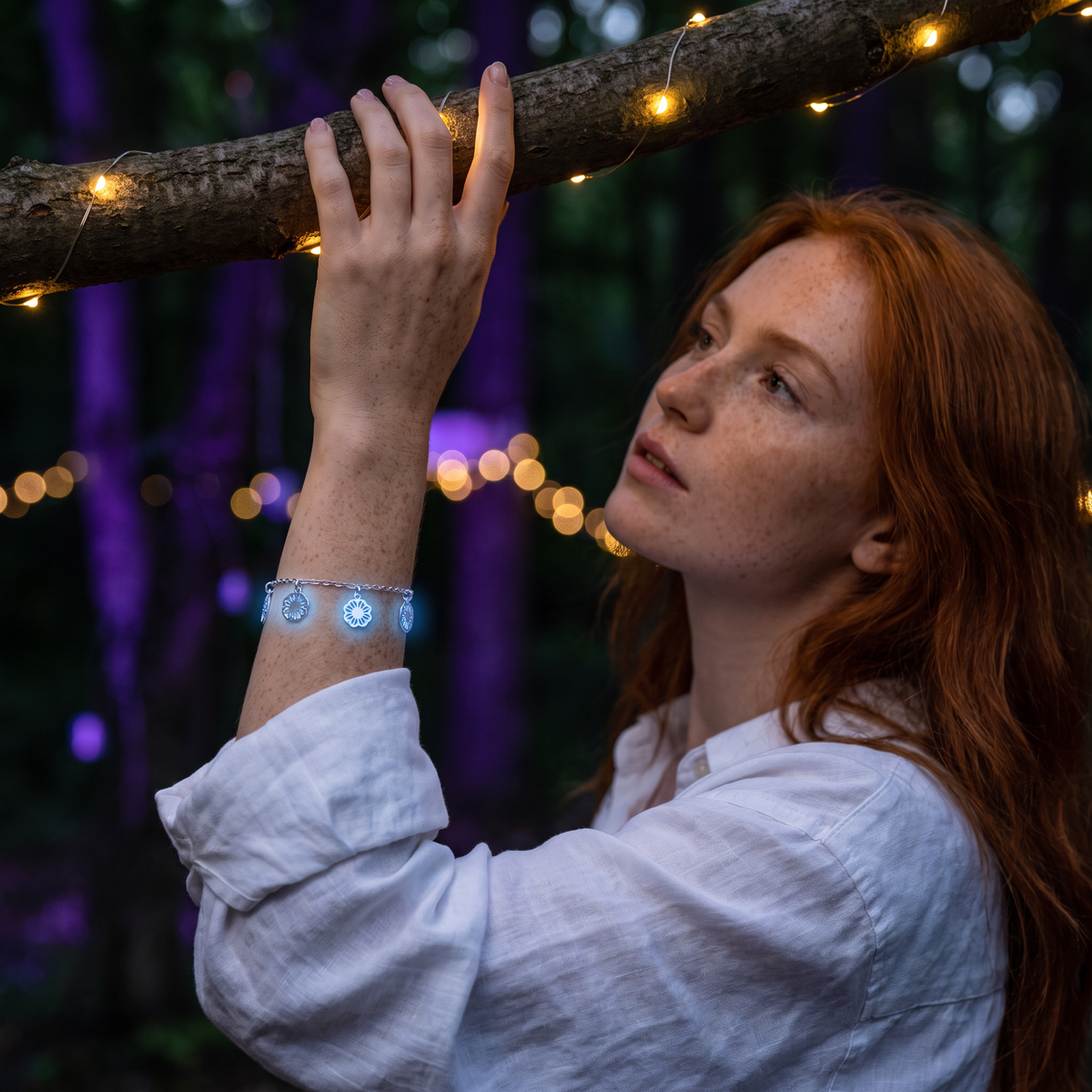 Luminous Nature Bracelet worn at night. Forest rave, fairy lights.