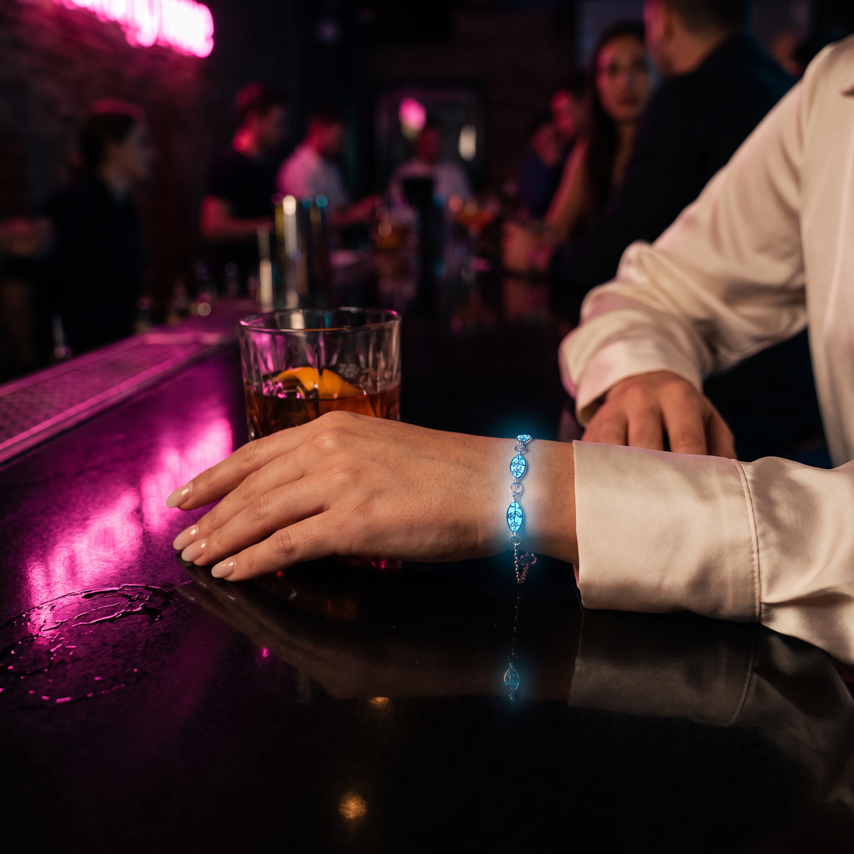 Luminous Flower Bracelet worn at night. Club bar, pink neon.