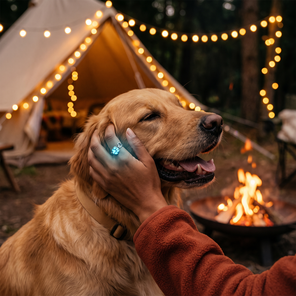 Luminous Dog Paw Ring worn at night. Campfire and a golden retriever.