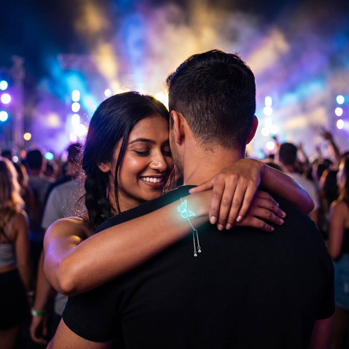 Luminous Giant Butterfly Bracelet worn at night. Couple embracing in the festival crowd.