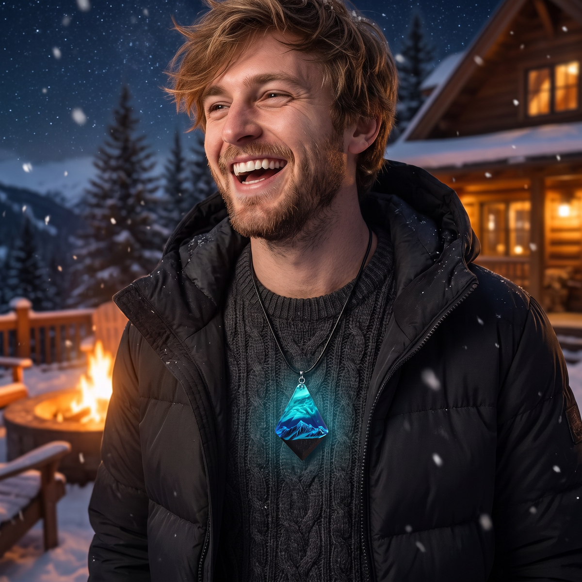 Luminous Snow Mountain Necklace worn at night. Apres-ski fire pit, snowfall.