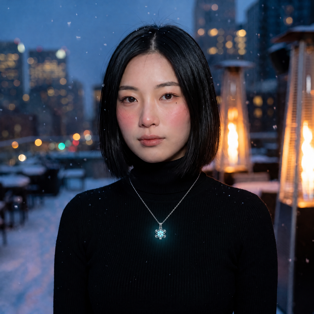 Luminous Snowflake Necklace worn at night. Winter rooftop party.