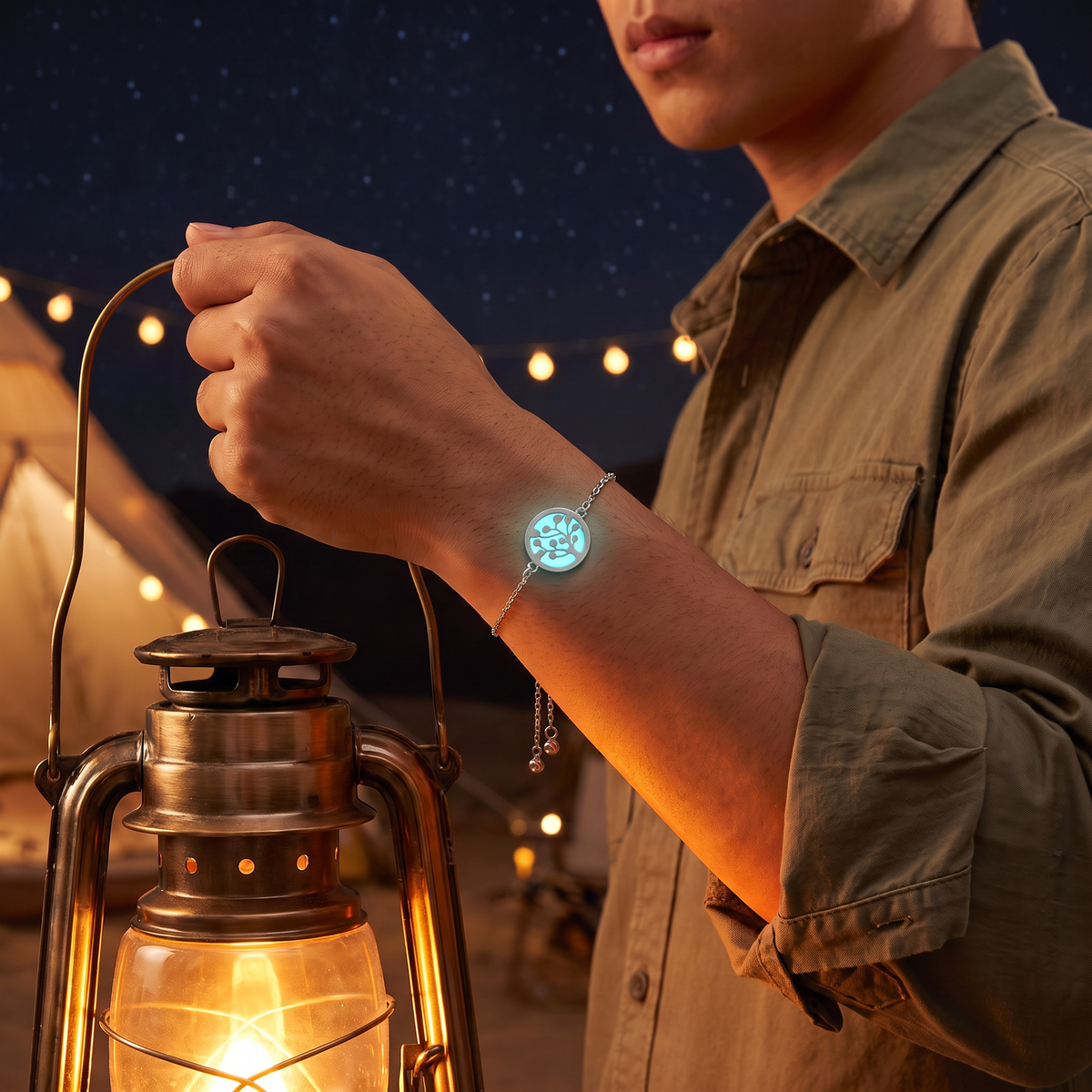 Luminous Tree Grass Bracelet worn at night. Desert campout, lantern.