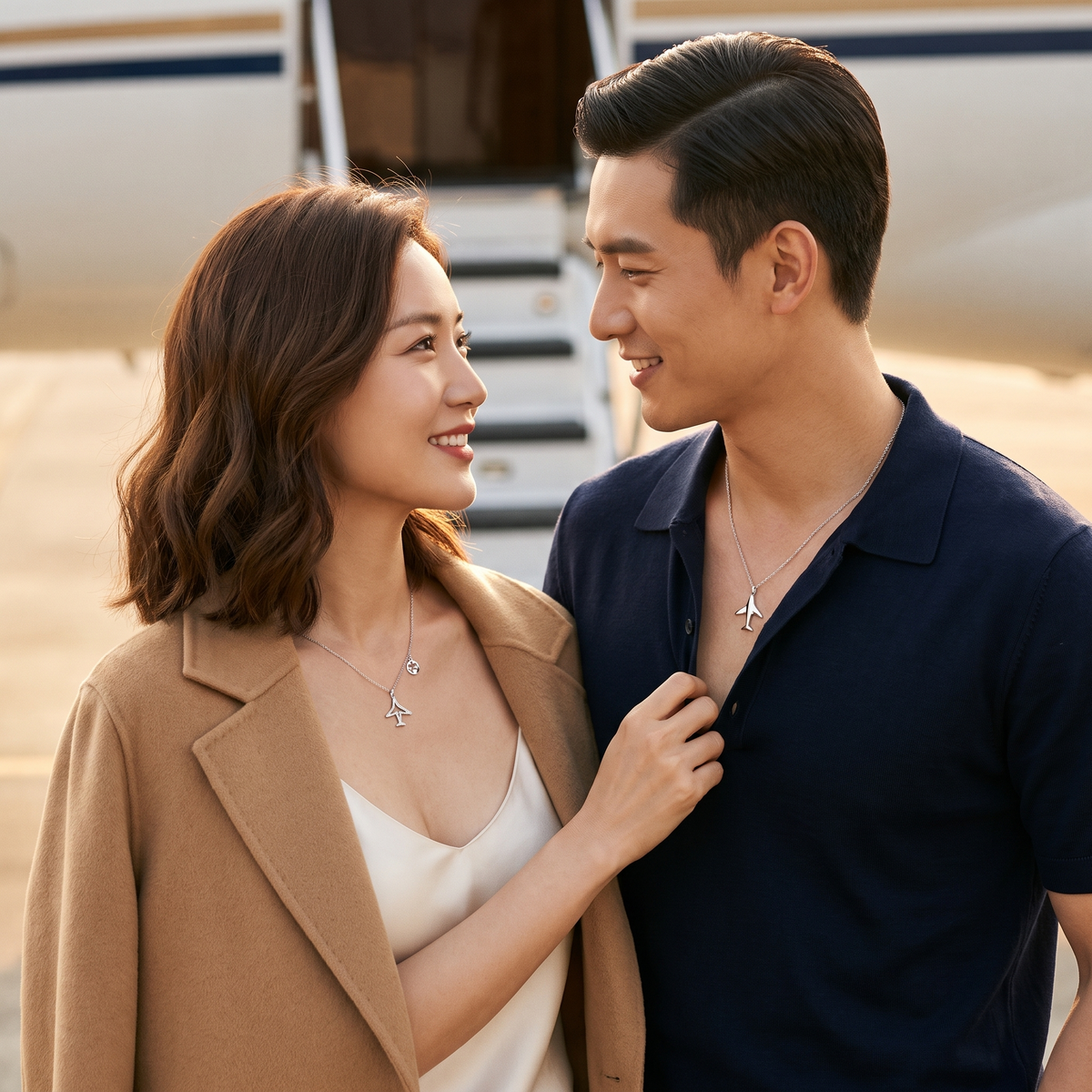 Aureole Aircraft Necklaces worn by a couple on a private airstrip at golden hour