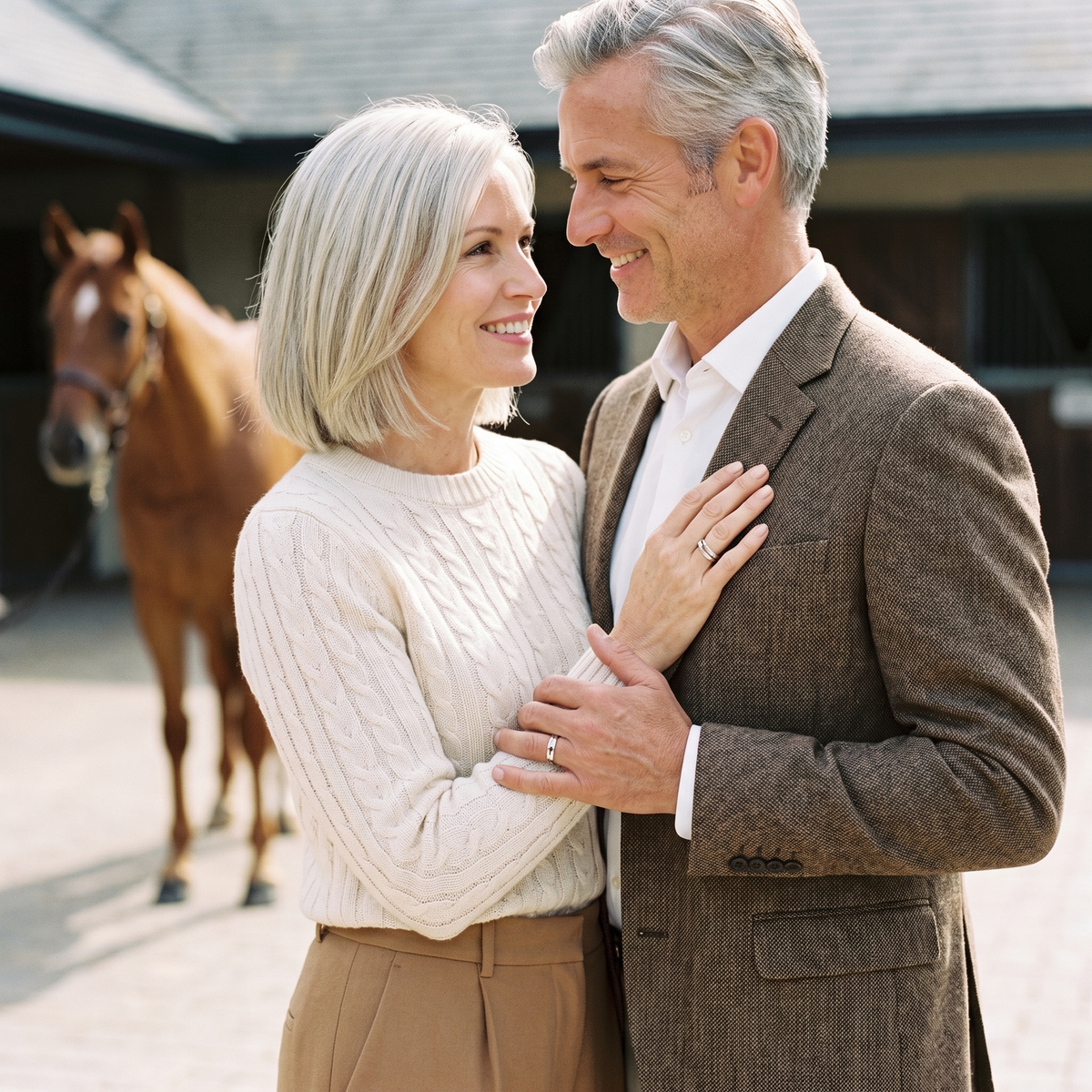 Aureole Classic Micro-Inlaid Rings worn by a couple on a countryside equestrian estate