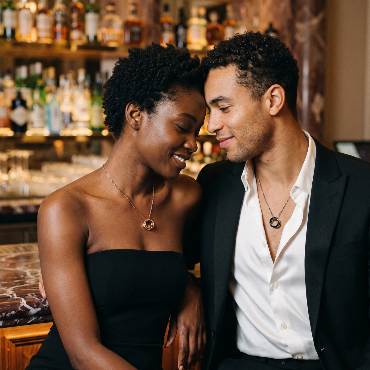 Aureole Coupled Ring Necklaces worn by a couple in an elegant hotel bar