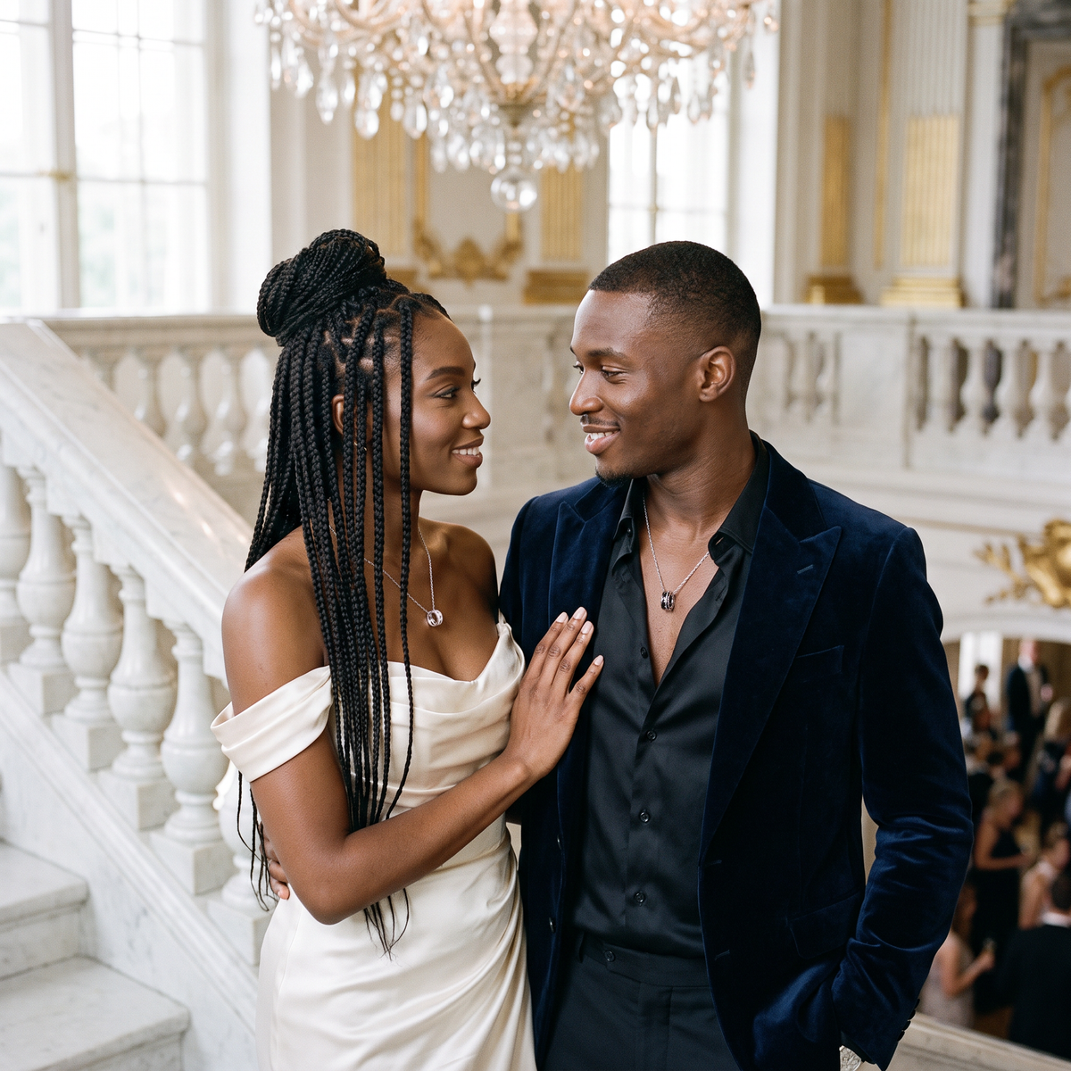 Aureole Crown Silver Necklaces worn by a couple on a gala staircase under a chandelier