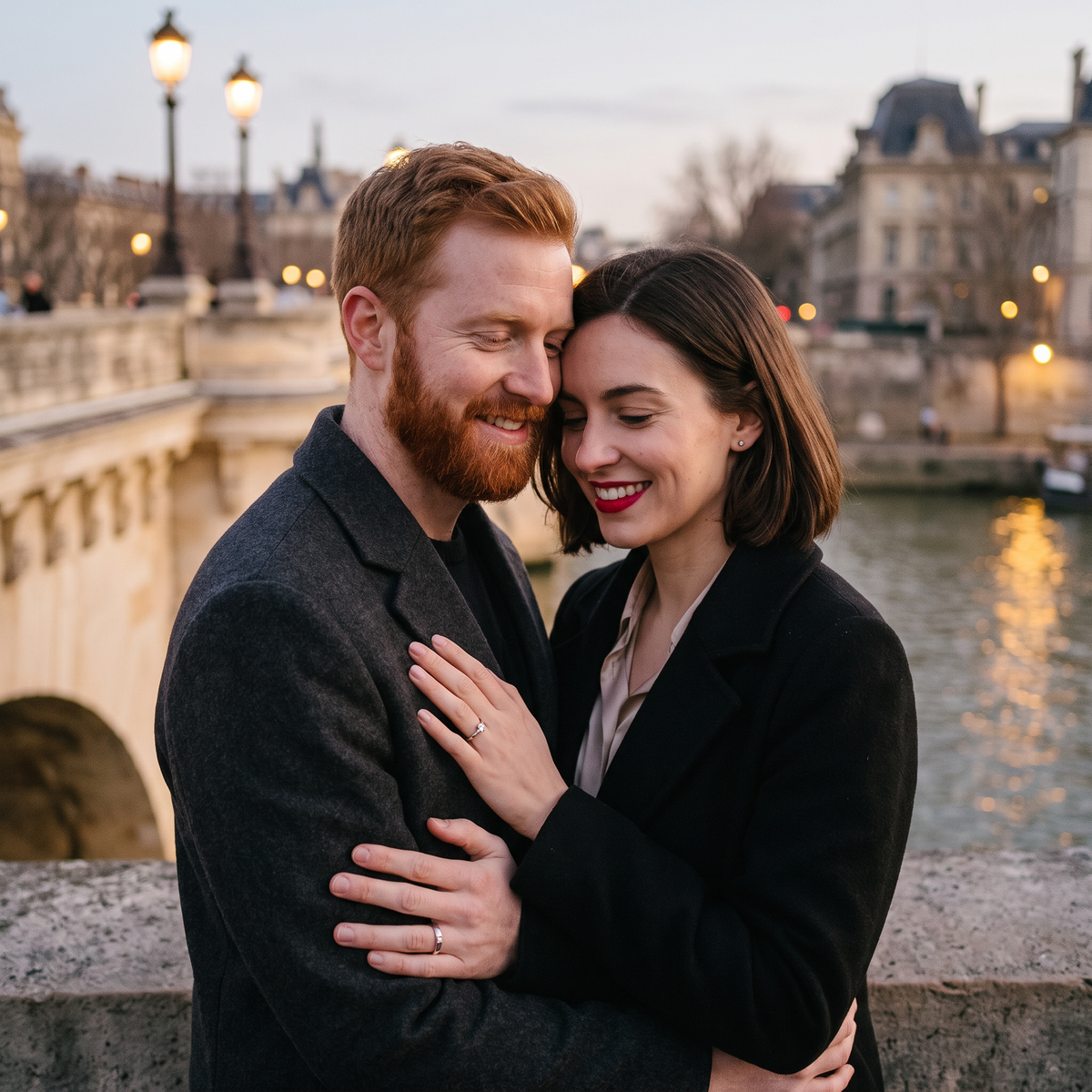 Aureole Eternal Rings worn by a couple on a Paris bridge at dusk