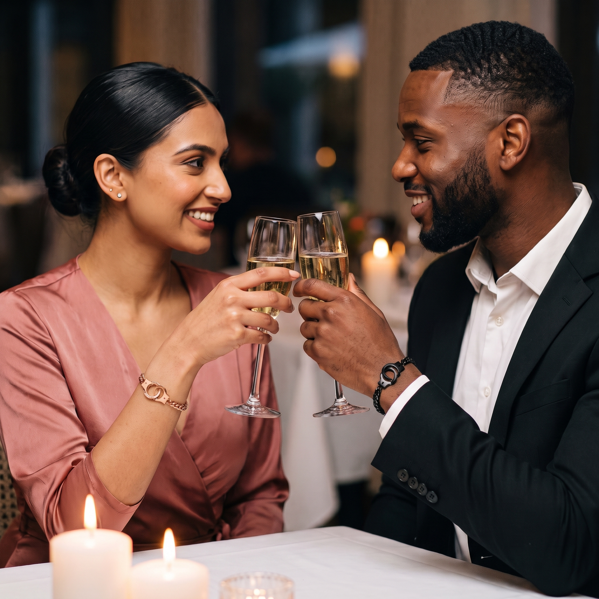 Aureole Handcuff Bracelets worn by a couple toasting at a candlelit restaurant