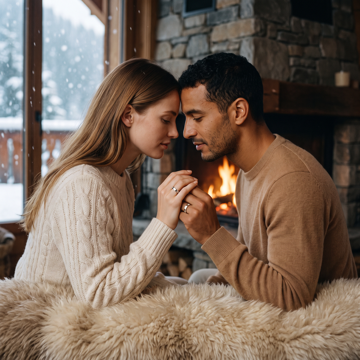 Aureole Love Projection Rings worn by a couple by a chalet fireplace