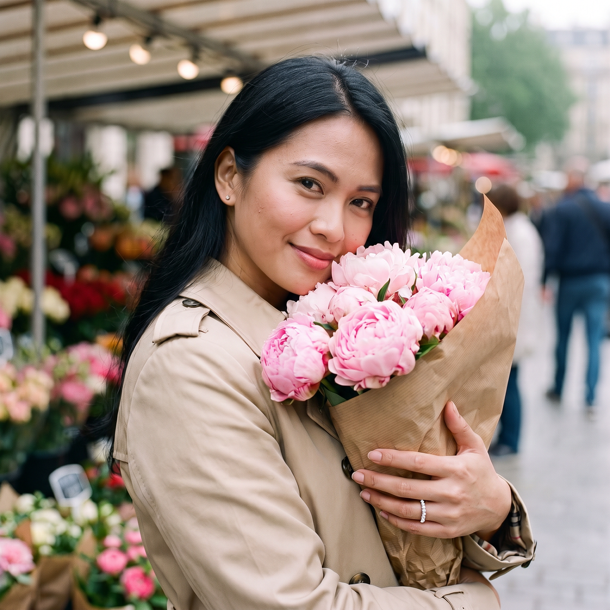 Aureole Moissanite Eternal Ring worn at a Paris flower market