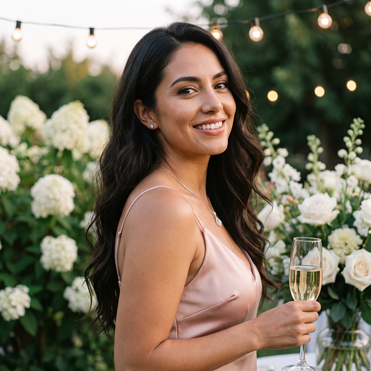 Aureole Moissanite Lueur Pendant worn at an evening garden soiree