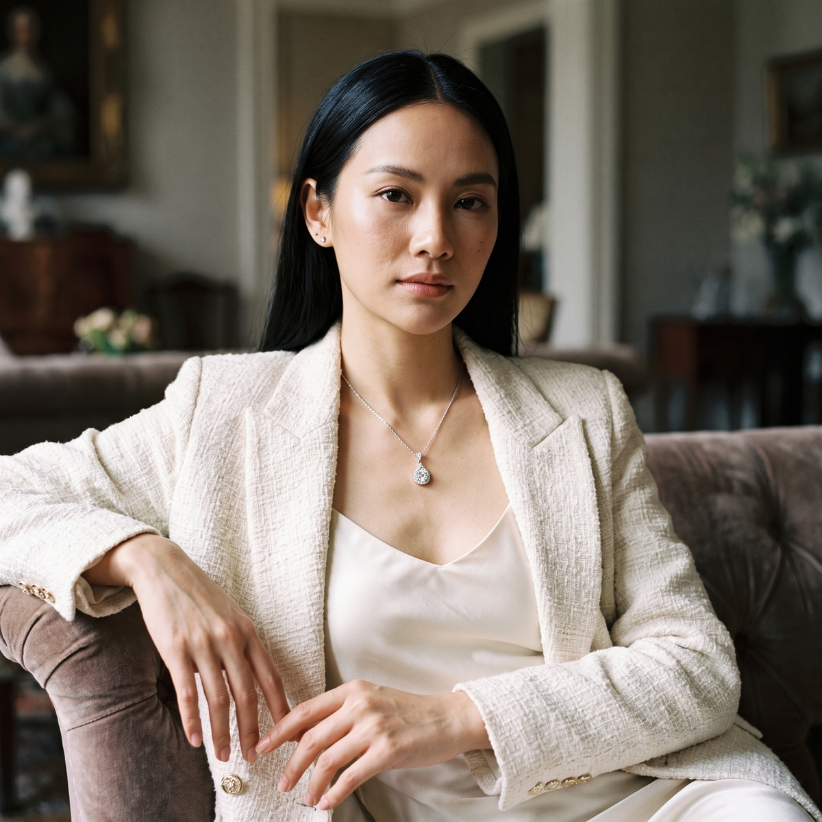 Aureole Moissanite Lueur Pendant worn in a boutique hotel lobby