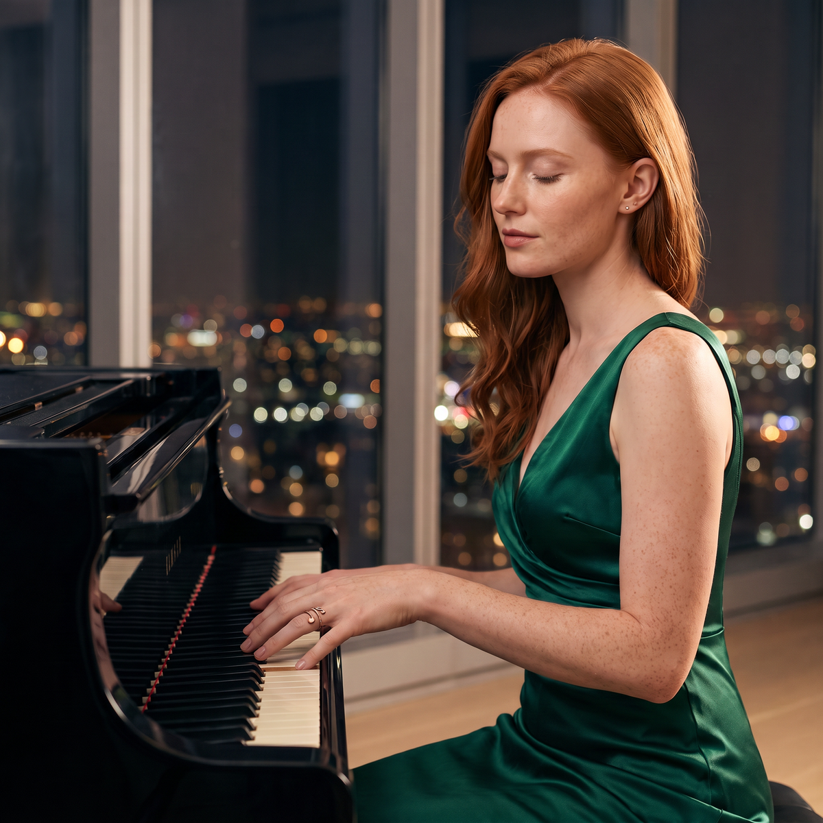 Aureole Luxury Music Note Ring worn at a grand piano in a penthouse at night