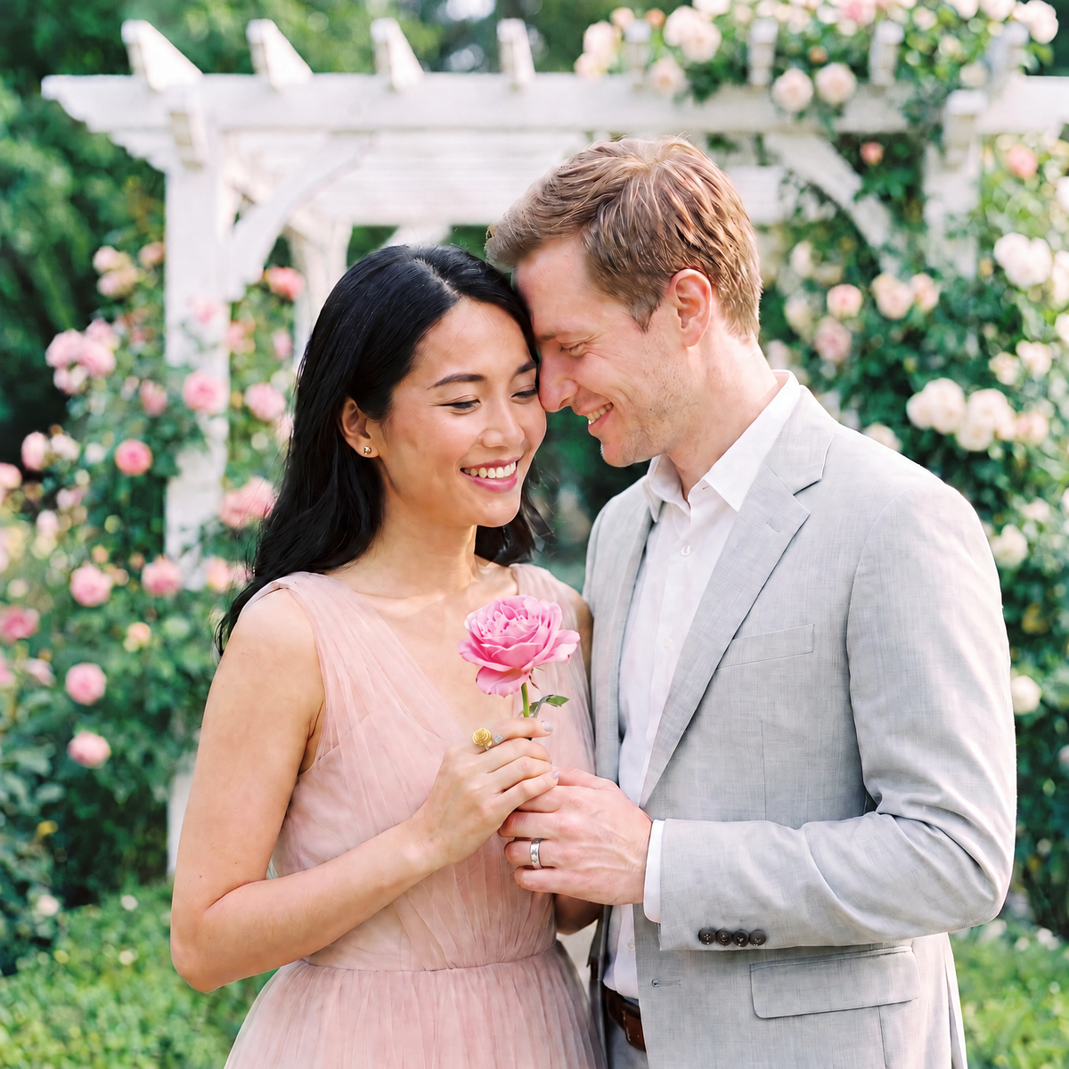 Aureole Rose and Little Prince Rings worn by a couple at a rose garden party