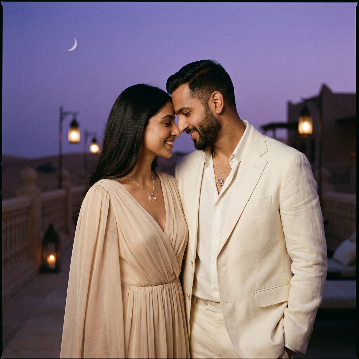 Aureole Sun and Moon Necklaces worn by a couple on a desert resort terrace at dusk